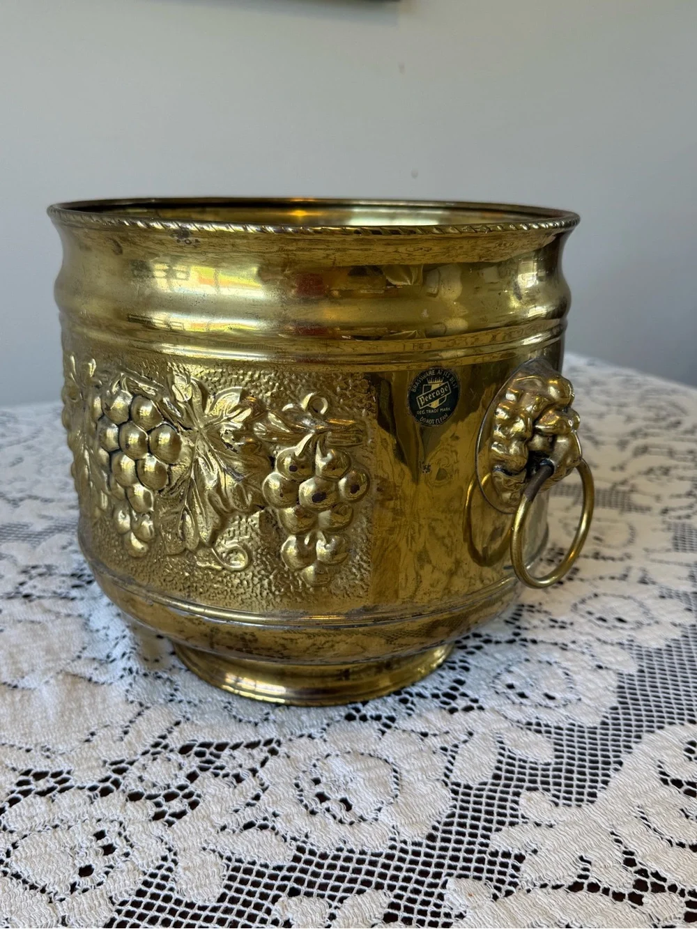 Antique Peerage Solid Brass Planter / Bucket with Grapevine Motif and Lionheads